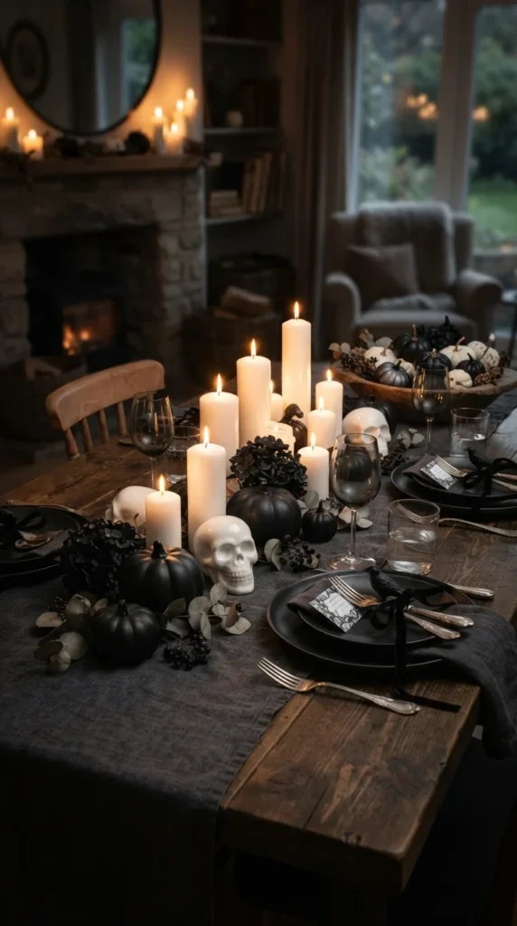 black white Halloween table